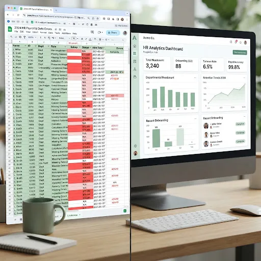 Perbandingan spreadsheet manual dengan dashboard Akma HRIS